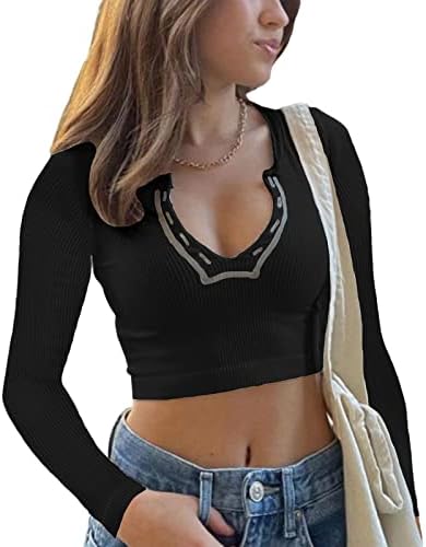 Women Vintage Knit Ribbed Crop Top V Neck Long Sleeve E Girl 90s Tees Shirt Streetwear Grunge Crop Tops for Teen Girls