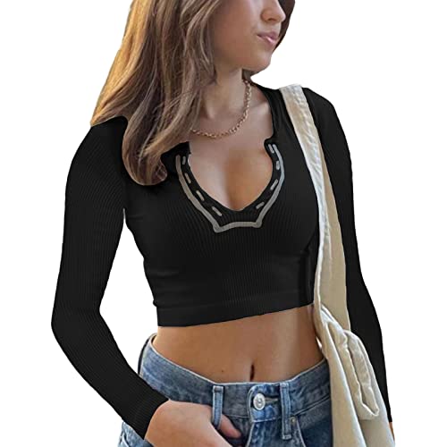 Women Vintage Knit Ribbed Crop Top V Neck Long Sleeve E Girl 90s Tees Shirt Streetwear Grunge Crop Tops for Teen Girls