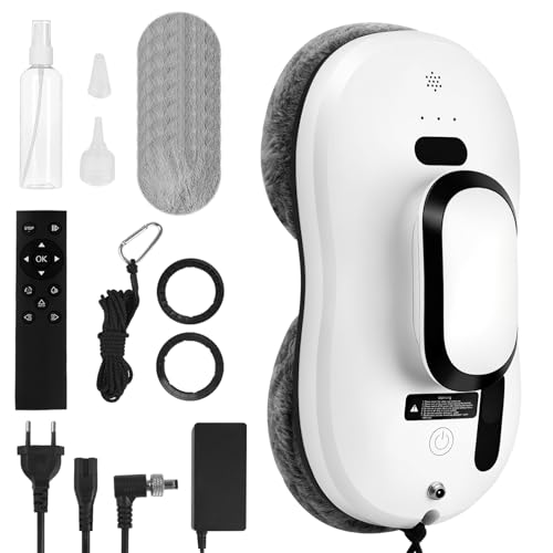 Robot Limpiacristales, 5600Pa Robot Lavadora de Cristal Automático con Función de Pulverización, Detección de Borde, Mando a Distancia, 3 Modos Limpieza, Navegación Inteligente, Modo seguro et 8 Paños