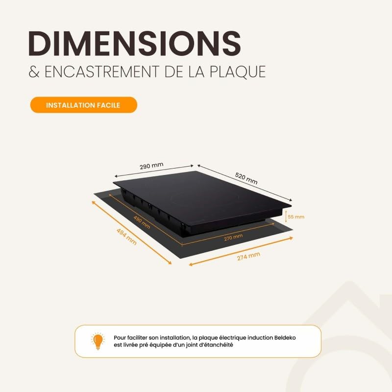 BELDEKO Plaque Induction 2 Feux Encastrable - 3600W - Commandes Tactile - Minuteur Sécurité Enfant - Marque Française