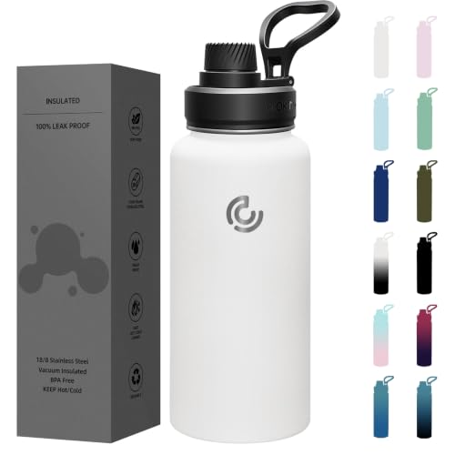Sports Water Bottle 32oz, Insulated Water Bottle with Handle,Stainless Steel,Simple Modern,Suitable for Travel, School, Boy, Girl(White)