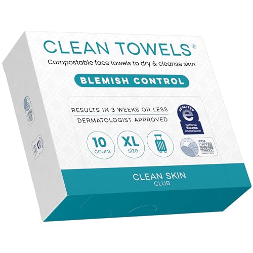 Image of Clean Skin Club Blemish Control Clean Towels XL, Travel Pack,Face Towels, Light Exfoliation for Oily Skin, Eczema Association Accepted Face Towel, TSA-Approved Travel Essential,1 Pack, 10 Ct Total