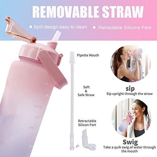 Image of Hatieo 2 Litre Water Bottle with Straw, Leakproof Sports Bottle with Time Markings, Large Motivational for Fitness, Camping, Yoga, Travel, Gym, Outdoor - Pink Blue