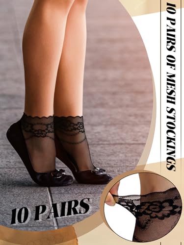 Image of 10 Pairs Womens Lace Ankle Socks Non Slip Low Cut and No Show Lace Socks Sets for Loafers Flats