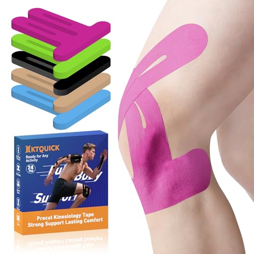 Image of PreCut Kinesiology Tape for Knees, 24PCS Waterproof KTQUICK Knee Tape for Knee Pain Relief Pre Cut, Original Cotton Athletic Knee Tape, Waterproof & Hypoallergenic Latex-Free for Sports (Pink)