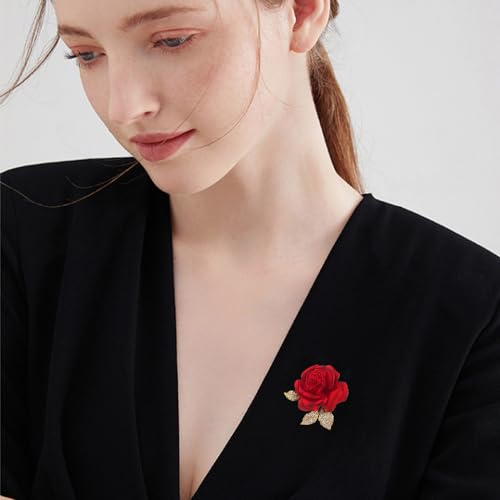 Enamel Rose Flower Brooch Pin for Women Girls Gold Plated Elegant Crystal Red Creative 3D Floral Dainty Dress Accessories Holiday Halloween Birthday Jewelry3