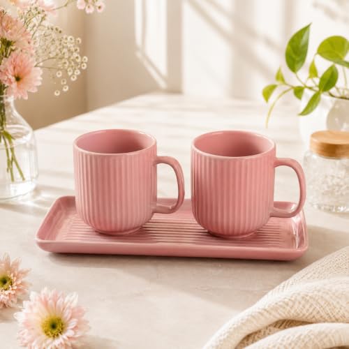 Image of Miah Decor Ceramic Coffee Mugs Set with Serving Platter, Handmade Stoneware
