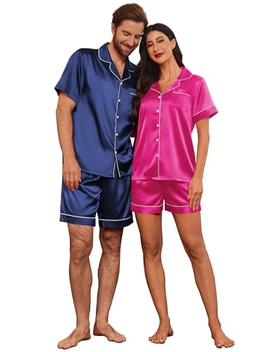 Image of Ekouaer Couple Matching Pajamas Sets Silk Short Sleeve Button Up Sleepwear