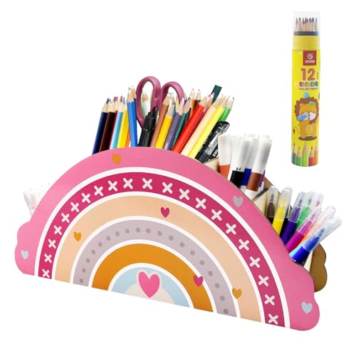 SHENSAIGO Stiftehalter Kinder Regenbogen, Holz Stiftehalter Kinder, Schreibtisch Organizer mit 12 Farbstifte, Stifte Organizer Stiftehalters Schreibtisch für Home Office Klassenzimmer Organisation
