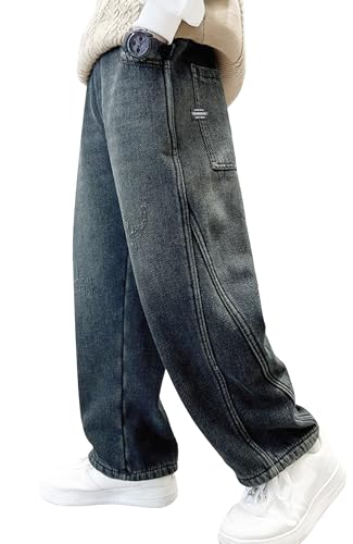 Boys Baggy Jeans Straight Leg Cotton Denim Pants with Pockets Elastic Waist Loose Fit Casual Trousers 5-14 Years