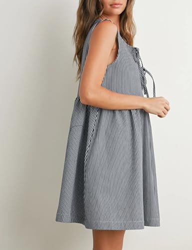 Womens Mini Red Stripe Bowknot Dress Round Neck Sleeveless A Line Casual Dresses3