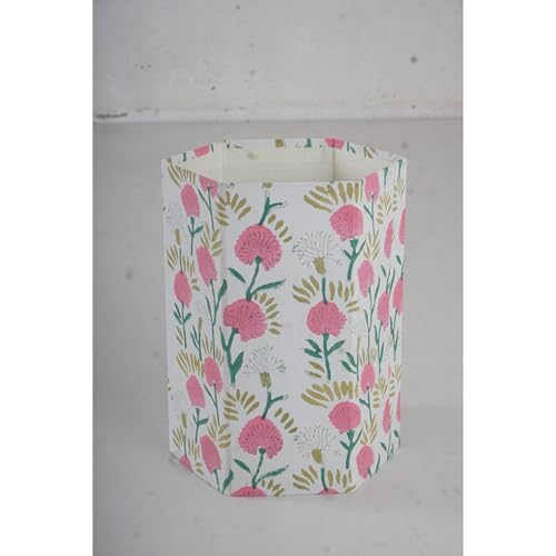 Image of Floral Hand Block Printed 3.3 Gallon Decorative Waste Basket - Eco-Friendly Cardboard Trash Can, Plastic-Free & Sustainable, Perfect for Christmas and Housewarming Gifts (1, Pink Green)