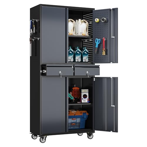 Image of 71 inch Rolling Metal Garage Cabinet with 2 Drawers and Pegboard Doors