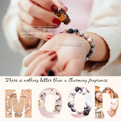 Natural Stone Healing Crystal Bracelets, Adjustable Stretch Pink Zebra Bracelet Crystal Jewelry Yoga Meditation Relax Gifts Friendship Birthday BFF for Women Teen Girls with Encourage Quote Card - Image 5