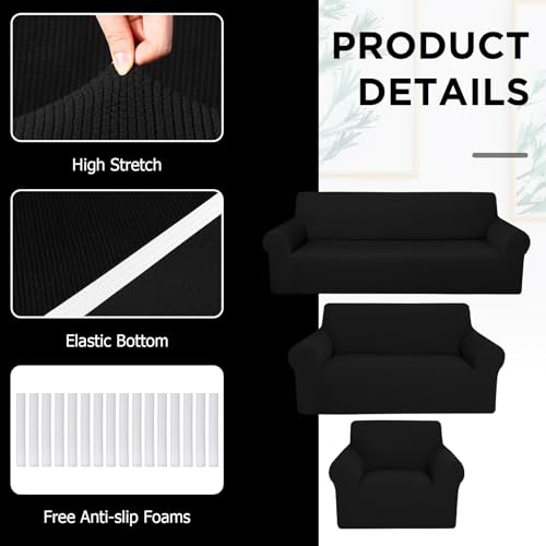 Peryiter 3 Pcs Slipcover Set for Couch Furniture Covers for Sofa Loveseat Couch Arm Chair, Form Fit Stretch, Wrinkle Free, Furniture Protector(Black,Polyester Spandex Blend) - Image 5