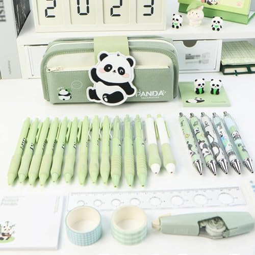 Image of Canvas School Bag Pencil Case, 3 Layer 6 Compartment Large Capacity, Aesthetic Pencil Pouch for Stationary, Cute Stationery for Kids, Pencil Case for Girls & Boys (Panda Side - Green)