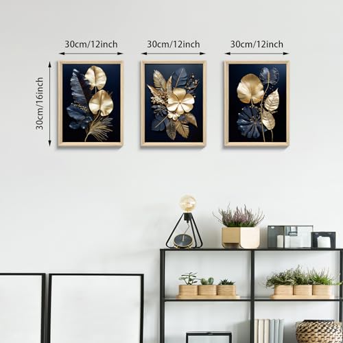 FajerminArt 3 Panels Modern Framed Canvas Wall Art Navy Blue Gold Flowers Coconut Leaves Pictures Painting on Canvas Prints for Living Room Bedroom Office Wall Decor Stretched On Frame 30x40cmx3 Pcs - Image 2