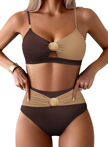 Pink Queen Women's 2 Piece Vintage Swimsuits V Neck Seashell Cutout Bikini Set Cruise Pool Party Push Up Padded Adjustable Straps Bathing Suit Swimwear Chocolate Brown M