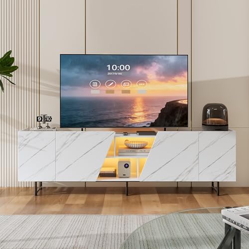 FEEOHOME Meuble TV LED Support pour Téléviseur 85-95 Pouces, Meuble TV Moderne avec 4 Portes et Espace de Rangement Ouvert, Table Télé avec Motif marbre...