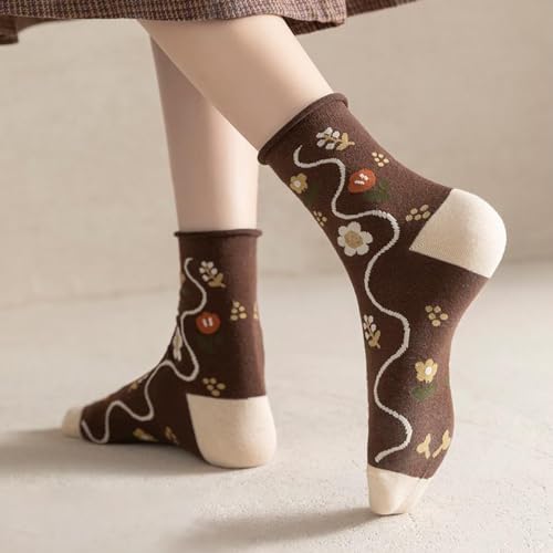 Image of HOMSSEM Floral Crew Socks - 5Pair Flower Graphic Soft Cotton Socks for Women, Teen Girls - for Sandals, - Cute Vibrant Colors