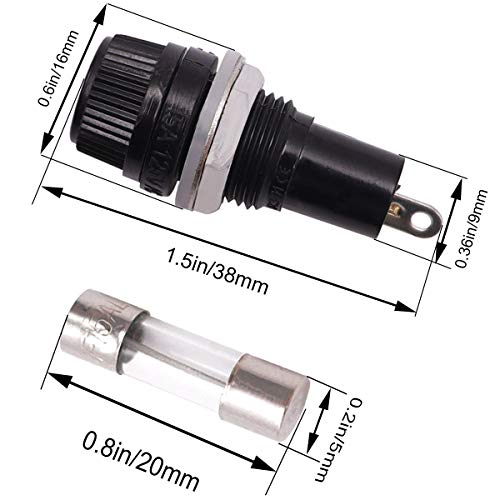 Tnisesm DZ+10A15A 8 Pcs Panel Mounted 5X20Mm Screw Cap Fuse Holder Socket Ac 250V 10A/Ac 125V 15A Black With 8 Pcs Glass Tube Fuse thumb #1