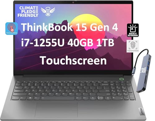 Lenovo ThinkBook 15 Gen 4 Business Laptop (15.6" FHD Touchscreen IPS, Intel 10-Core i7-1255U, 40GB RAM, 1TB SSD), FHD Webcam, Narrow Bezel, Fingerprint, Thunderbolt 4, Backlit, Win 11 Pro, Grey