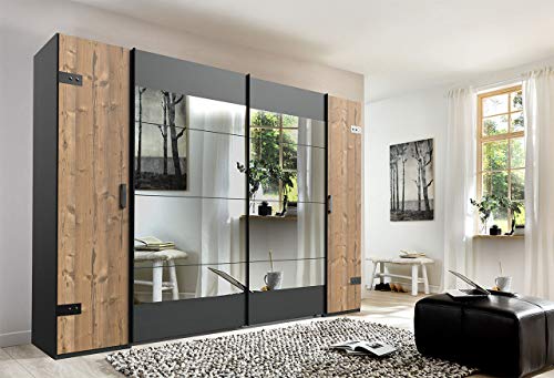 lifestyle4living Kleiderschrank in Silber-Tanne, 2 Spiegel, 270 cm, 2 Kleiderstangen, 10 Einlegeböden | Hochwertiger Industriedesign Kombi Schwebetürenschrank