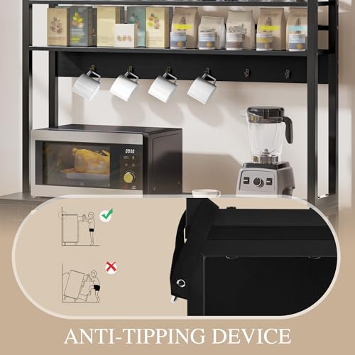 DWVO Mini Fridge Stand with Trash Can Storage Kitchen Bakers Rack with Power Outlets Freestadning Coffee Bar Cabinet 3-Tiers Coffee Stand Station for Kitchen Dining Room Living Room Office Black