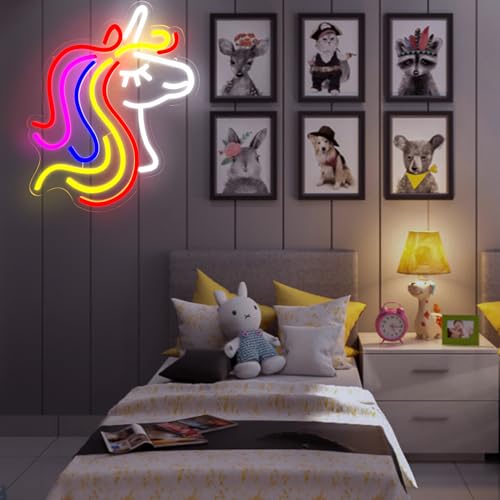 Image of Colorful Unicorn Neon Sign - Dimmable LED Light Signs, USB Powered Animall Wall Decor for Kids Girls Boys Bedroom, Cute Birthday Festival Party Christmas Gifts (16 x 9.2'')