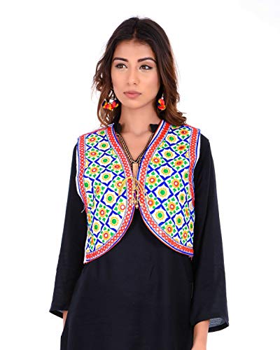 Image of Craft Trade Women's Cotton Embroidered Kutchi Jacket with Tassels Sleeveless Mirror Work