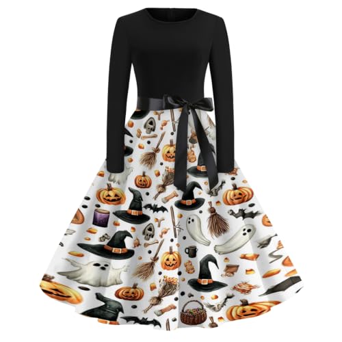 Robe cocktail swing longue manche femme motif imprimé fantaisie effrayant halloween
