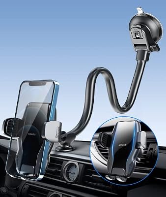 APPS2Car 13" Gooseneck Phone Mount for Car Windshield Dashboard Vent, Cell Phone Holder for Car Truck with Strong Suction Cup, Anti-Shake Stabilizer, One-Hand Operation, Fits Most Smartphones