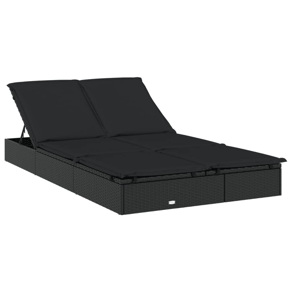 Sonnenliege für 2 Personen mit rundem Dach Schwarz 211x112x140 cm aus PE-Rattan pulverbeschichtetem Stahl verstellbar mit Polstern für Terrasse Balkon Pool Camping Relaxen