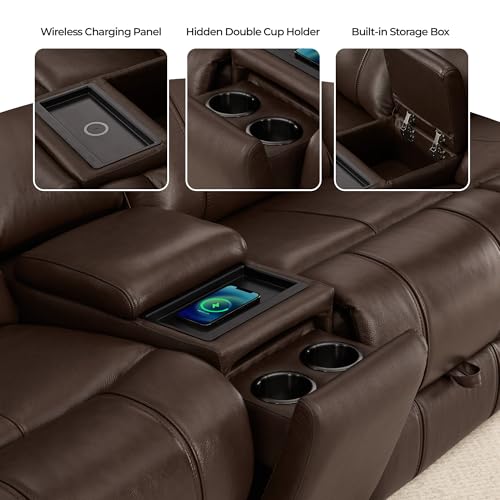 Image of CHITA Leather Power Recliner Sofa, Dark Brown, 3-Seat with Console