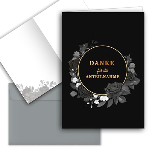 10 Danksagungskarten Trauer mit Umschlag Dankeskarte Klappkarten Trauerkarten Danksagungskarte Kondolenzkarten Danke Beerdigung Anteilnahme Kondolenzkarte stilvoll schwarz Rose Rosen