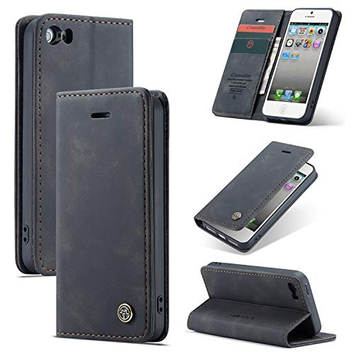 Cracedily for iPhone 5 / iPhone 5S / iPhone SE (2016) Case, Flip Wallet Leather Case with Card Holder Magnetic Closure Shockproof Kickstand Protective Phone Cases Cover for iPhone 5S,Black