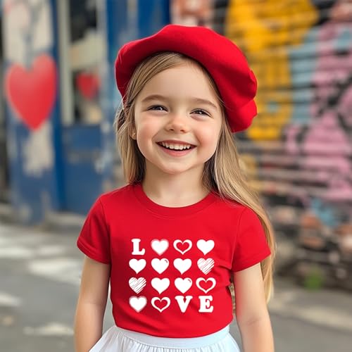 Image of Toddler Girl Valentine's Shirts Cute Love Tshirts Cotton Short Sleeve 2-10 Years