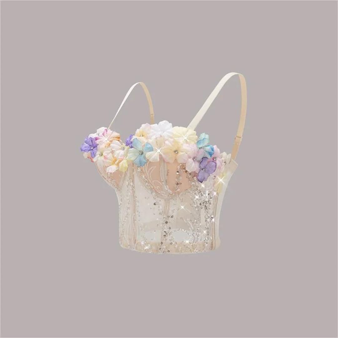 Yeuyyben Camiseta corta con lentejuelas florales para mujer, sin mangas, ajustada, para verano, informal, para el escenario