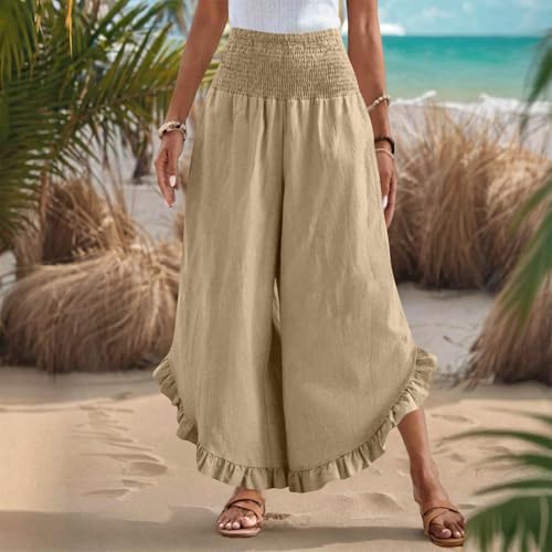 Hiking Pants Women Wide Leg Pants Woman Casual Smocked High Waist Flowy Ruffle Hem Capris Beach Vacation Boho Trousers Khaki4