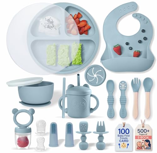 Image of Remonda Baby Led Weaning Supplies,Silicone Baby Feeding Set, Baby Gifts,Suction Plate Bowl Set, Self Feeding Utensil Sets, Bib, Cup, First Stage Eating Essentials, 6+ Months (A3)