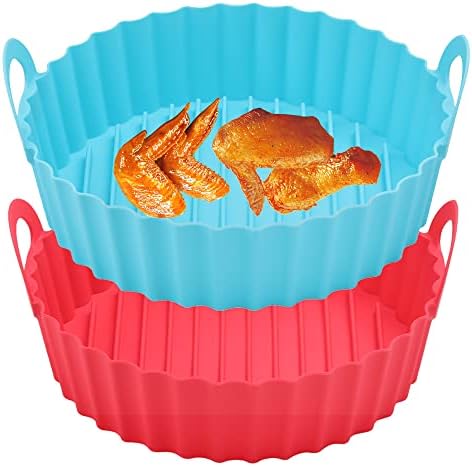 2-Pack Silicone Air Fryer Liners Pot, Air fryers Liner Reusable Baking Tray Basket Oven Accessories, Replacement for Flammable Parchment Liner Paper, No More Harsh Cleaning Basket 8.5 inch,Blue＆Red