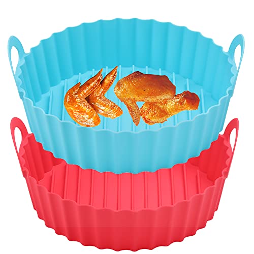 2-Pack Silicone Air Fryer Liners Pot, Air Fryers Liner Reusable Baking Tray Basket Oven Accessories, Replacement For Flammable Parchment Liner Paper, No More Harsh Cleaning Basket 8.5 Inch,Blue＆Red #TOP1