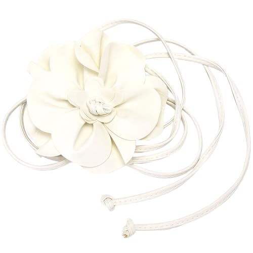 CALFOVERA Cinturón de Cuero Sintético Bohemio Blanco con Flores, Cinturilla Fina de 6mm con Borlas, Elegante Y con Flores Grandes, para Mujer, Vestido, Camisa Y Boda.