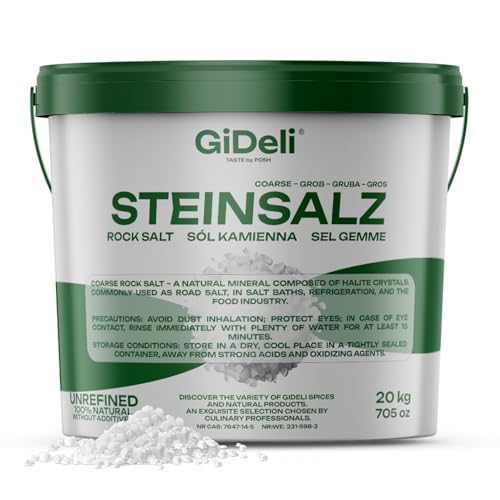 GiDeli Sal de roca gruesa 20 kg natural sin refinar sin aditivos para baños, alimentos, refrigeración, calles