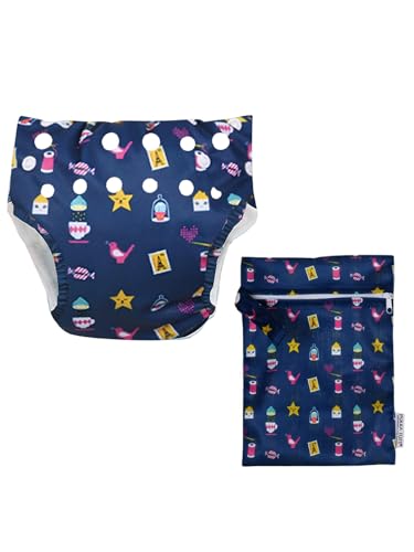 Image of POLKA TOTS Reusable Swim Diaper Combo with Waterproof Wet Dry Diaper Bag for Boys & Girls - Leak-Proof Baby Swim Diaper + Zipper Wet Bag for Pool, Beach & Travel (Diaper Age: 2-12 Months)
