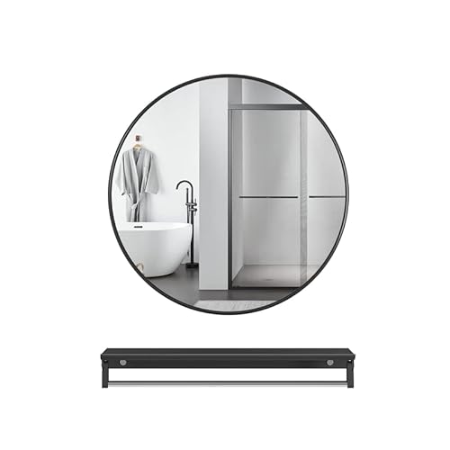 Albriya Round Black Metal Mirror 20 inch with Floating Shelf Wall