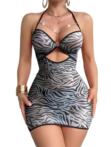 Image of Foxiny Sexy Chain Sheer Mesh Ruched Bodycon Mini Lingerie Dress with Thong 2 Piece Set Outfits
