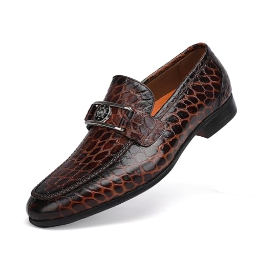 GOLDEN COXES FAMILY Classic Dress Loafers for Men, Fashion Alligator Printed Buckle Dress Shoes Business Party Dress Wedding Slip on Loafer for Mens, Brown, 8.5