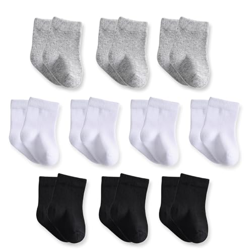 Nurtursoft Baby Crew Socks, Cotton Rich Newborn Fit 0–3 Months, Black White Gray 10 Pack for Girls & Boys,XS