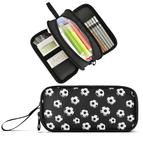Image of Wfrish Football Soccer Ball Black Large Capacity Pencil Case, 3 Compartments Pen Pouch Organizer for School College Office, Zippers Big Pencil Bag for Teens Adults Girls Boys Makeup
